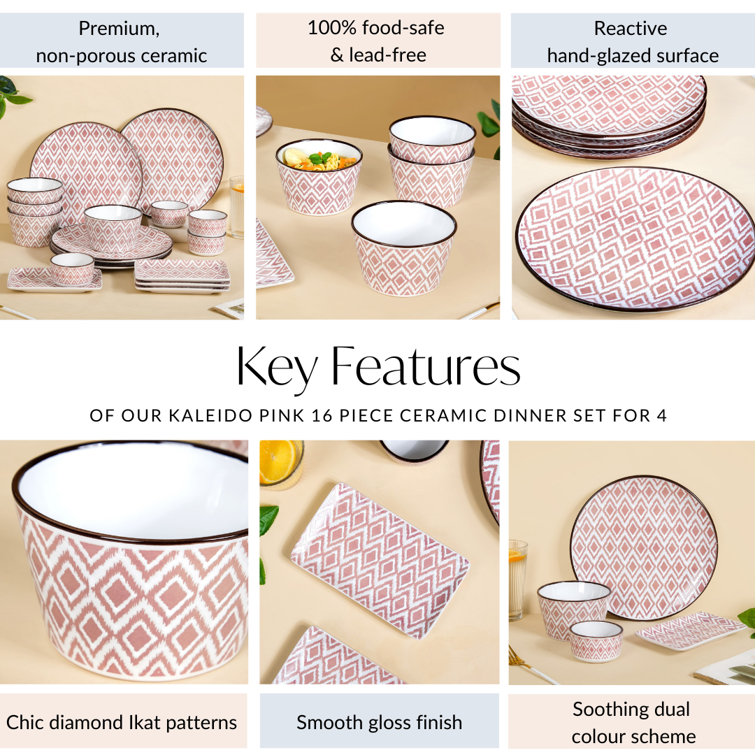 Kaleido Pink 16 Piece Ceramic Dinner Set For 4 Nestasia