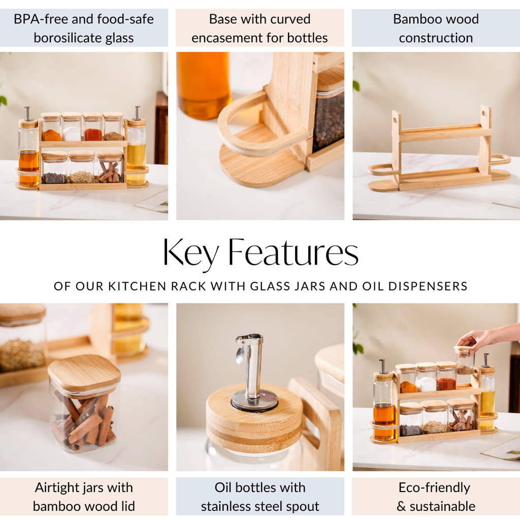 Kitchen Storage Rack With Set of 7 Spice Jars And Oil Dispensers Nestasia