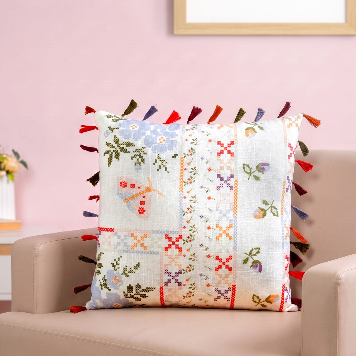 Kitsch Stitch Print Tassel Cushion Cover 46x46cm Nestasia