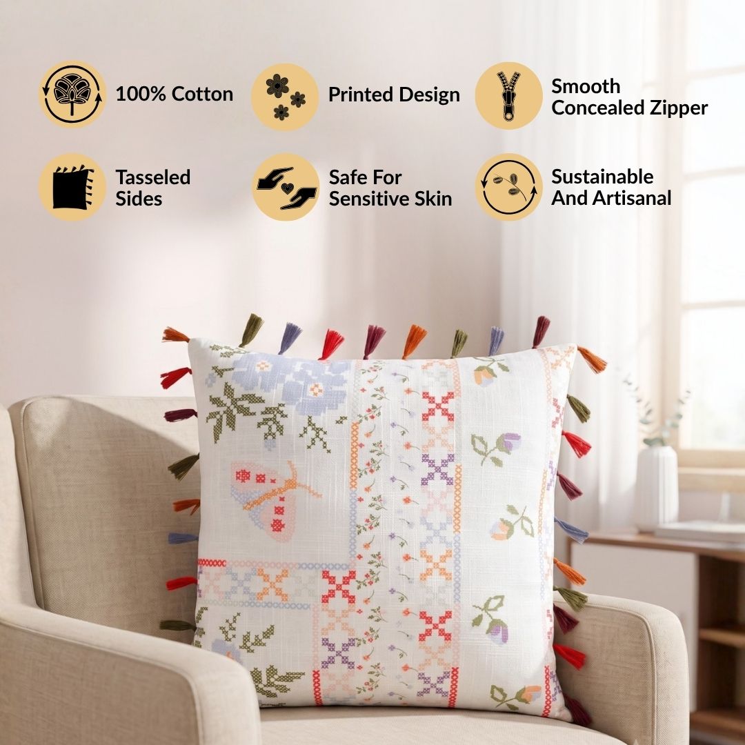 Kitsch Stitch Print Tassel Cushion Cover 46x46cm Nestasia