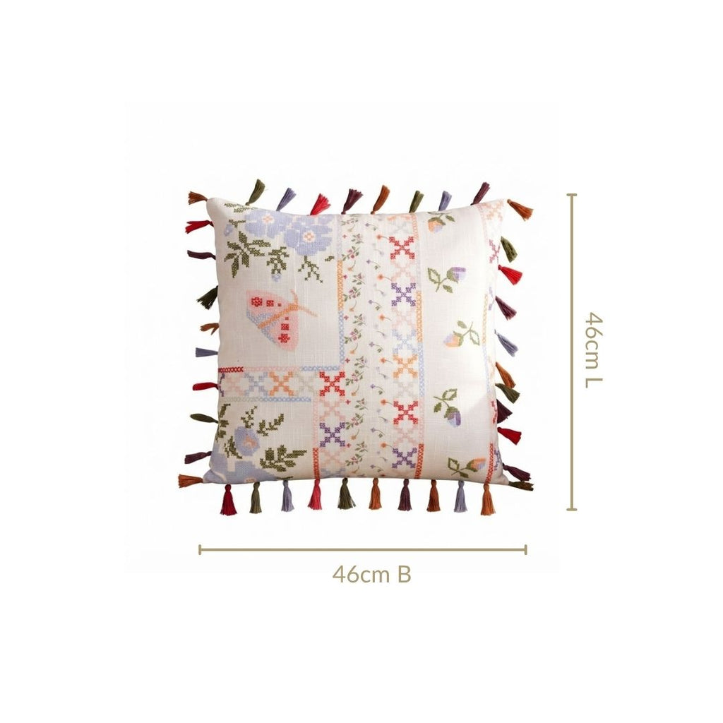 Kitsch Stitch Print Tassel Cushion Cover 46x46cm Nestasia