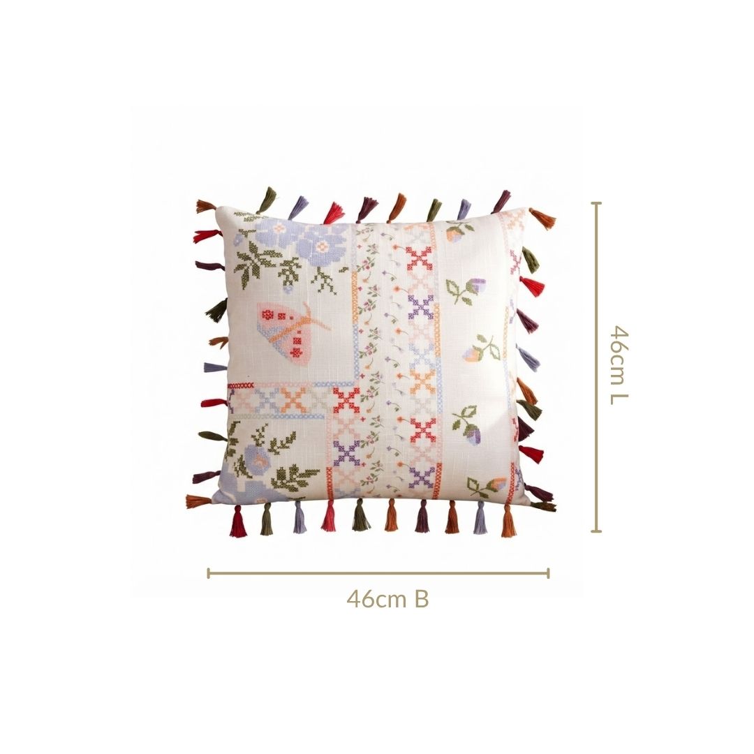 Kitsch Stitch Print Tassel Cushion Cover 46x46cm Nestasia