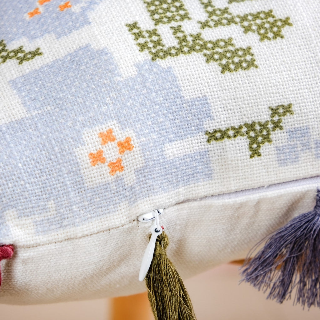 Kitsch Stitch Print Tassel Cushion Cover 46x46cm Nestasia