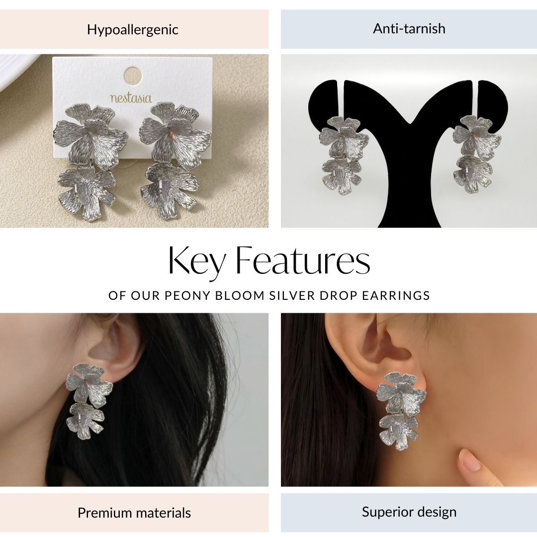 Peony Bloom Silver Drop Earrings Nestasia