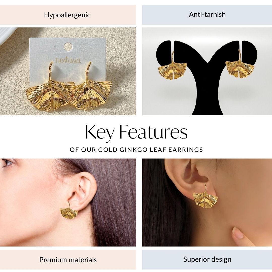 Gold Ginkgo Leaf Earrings Nestasia