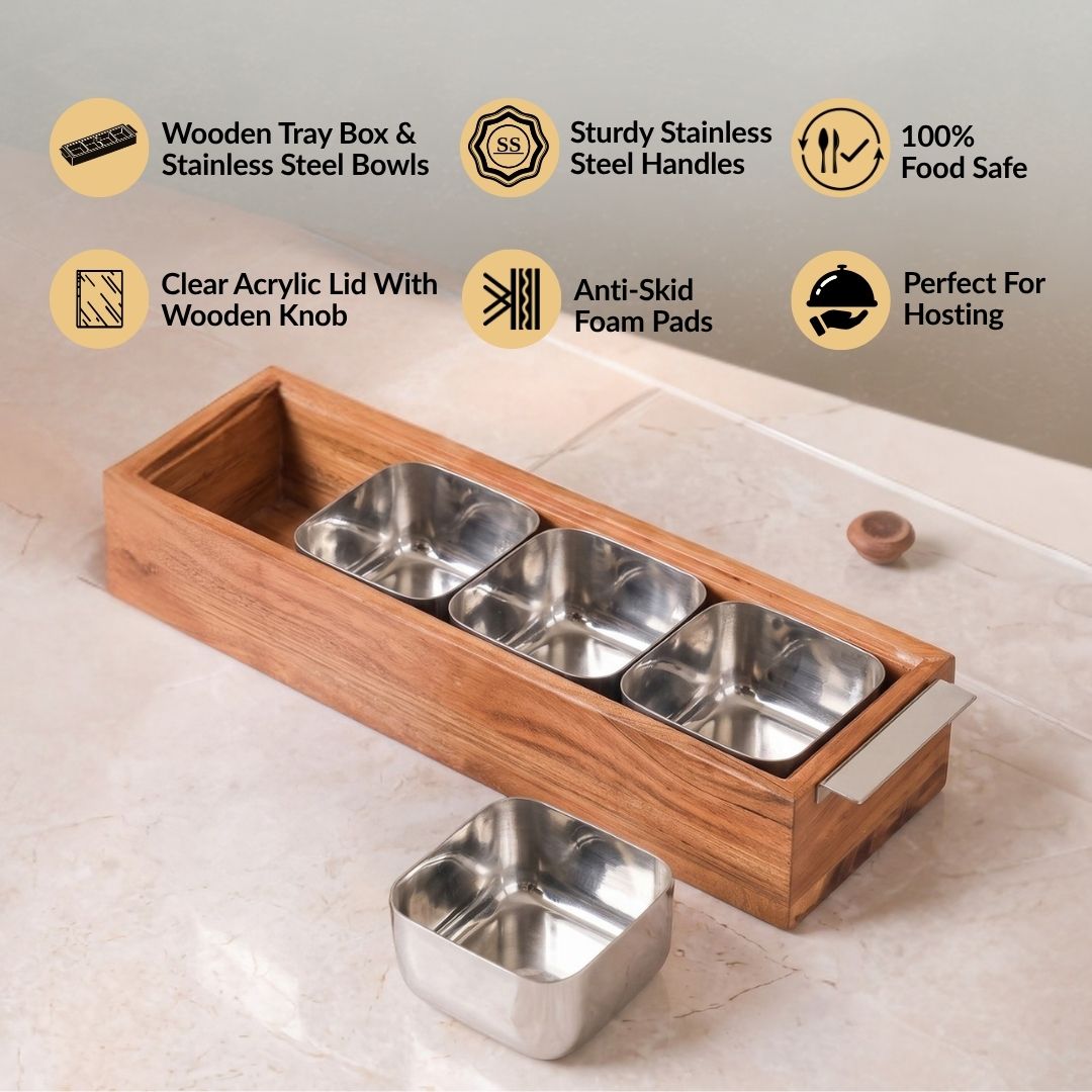 Sienna Snack Tray With Stainless Steel Bowl Set Of 5 Nestasia