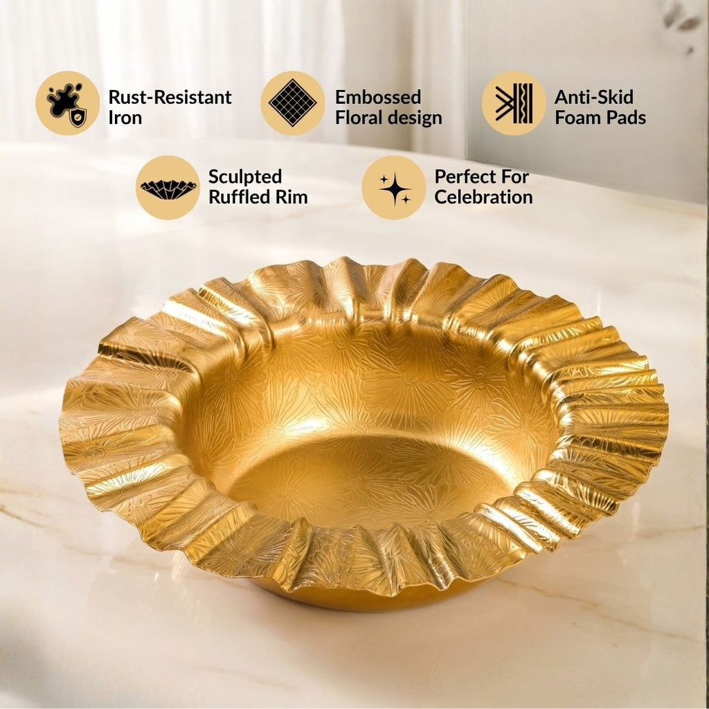 Embossed Sunburst Gold Ruffled Urli Bowl 1800ml Nestasia