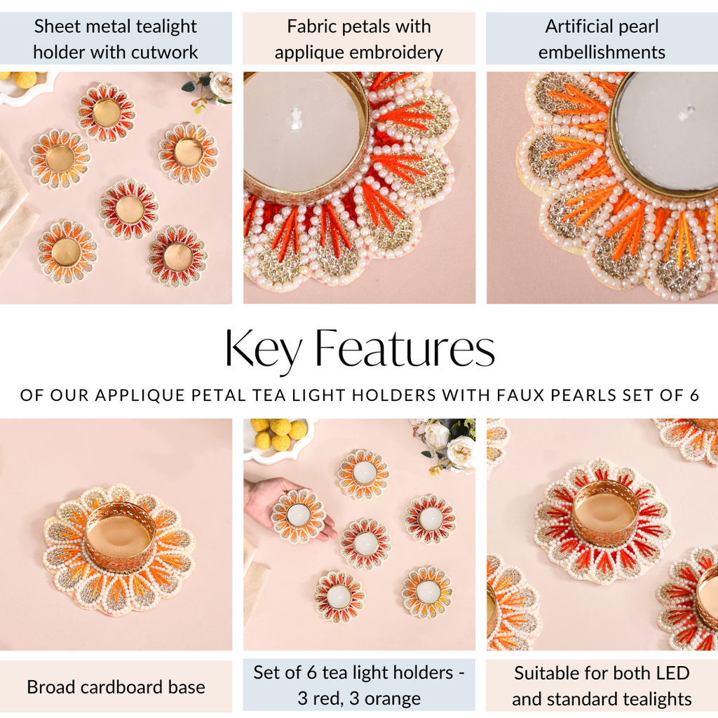 Applique Petal Tea Light Holders With Faux Pearls Set Of 6 Nestasia