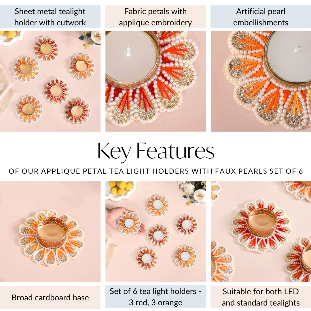 Applique Petal Tea Light Holders With Faux Pearls Set Of 6 Nestasia