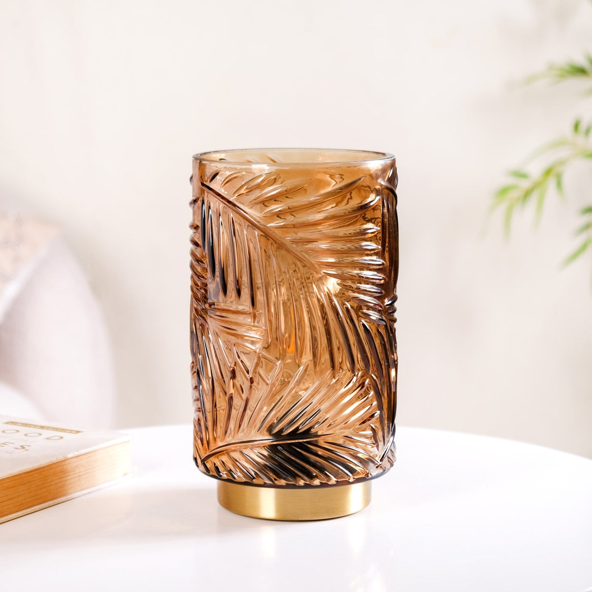 Palm Leaf Brown Glass LED Table Lamp With Auto Timer Nestasia