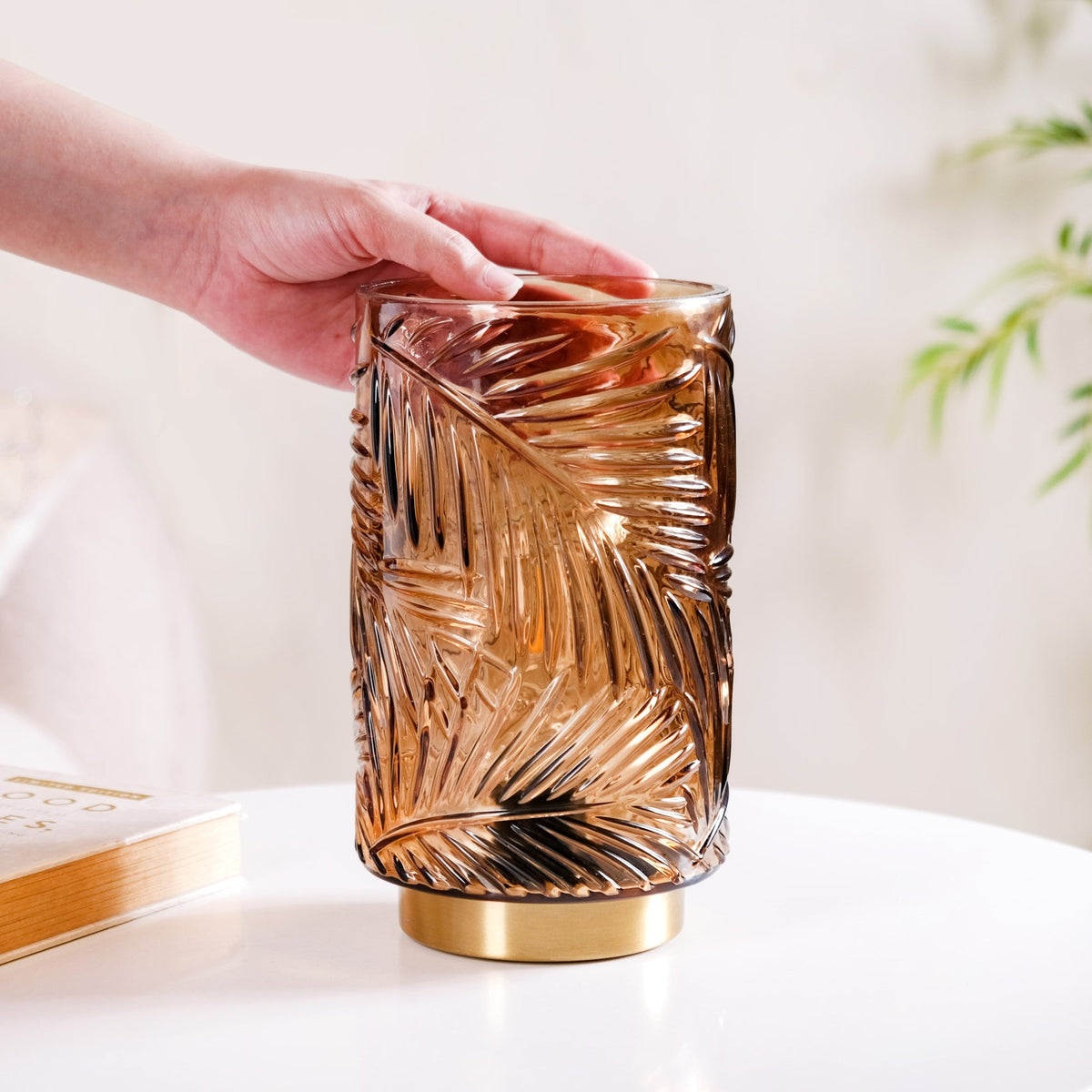 Palm Leaf Brown Glass LED Table Lamp With Auto Timer Nestasia