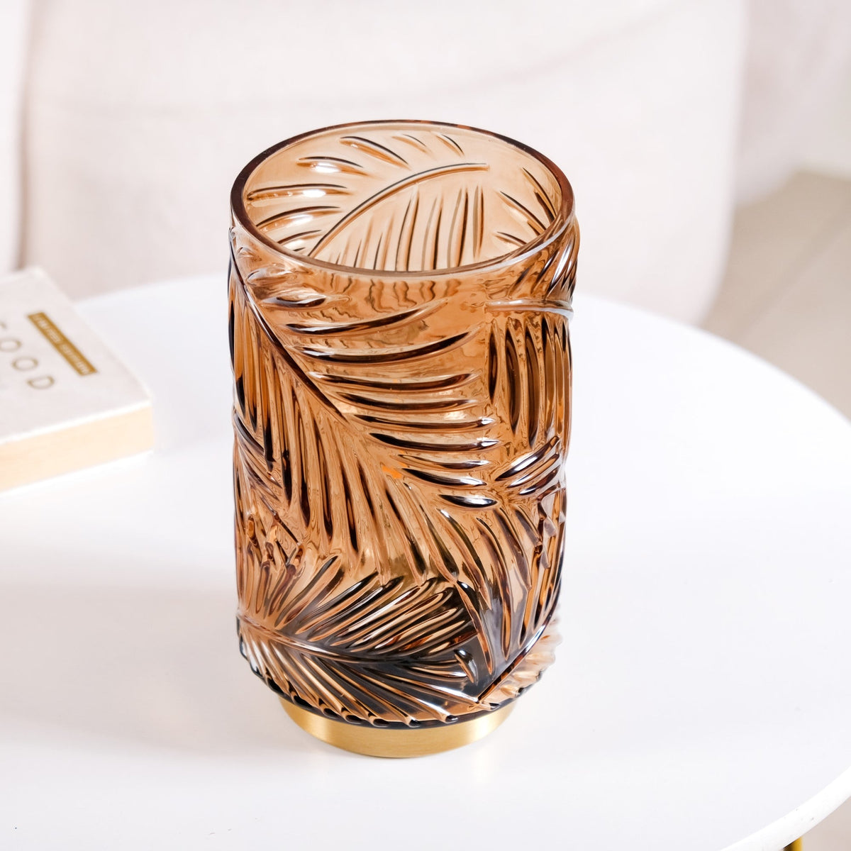 Palm Leaf Brown Glass LED Table Lamp With Auto Timer Nestasia