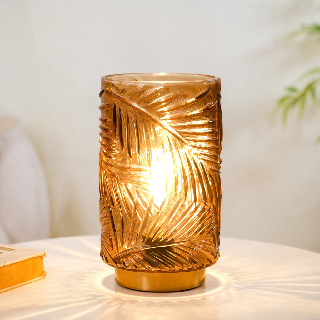 Palm Leaf Brown Glass LED Table Lamp With Auto Timer Nestasia