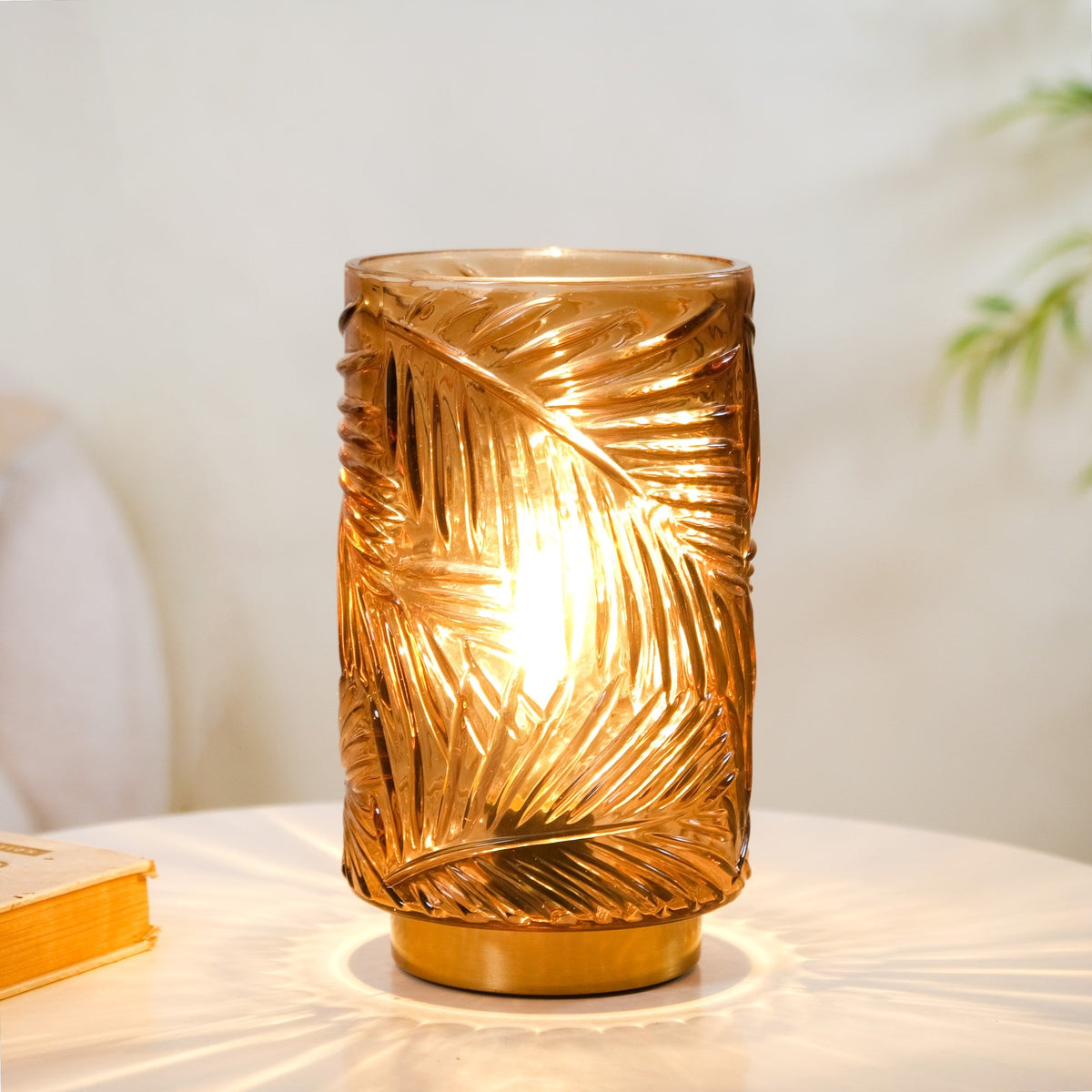Palm Leaf Brown Glass LED Table Lamp With Auto Timer Nestasia