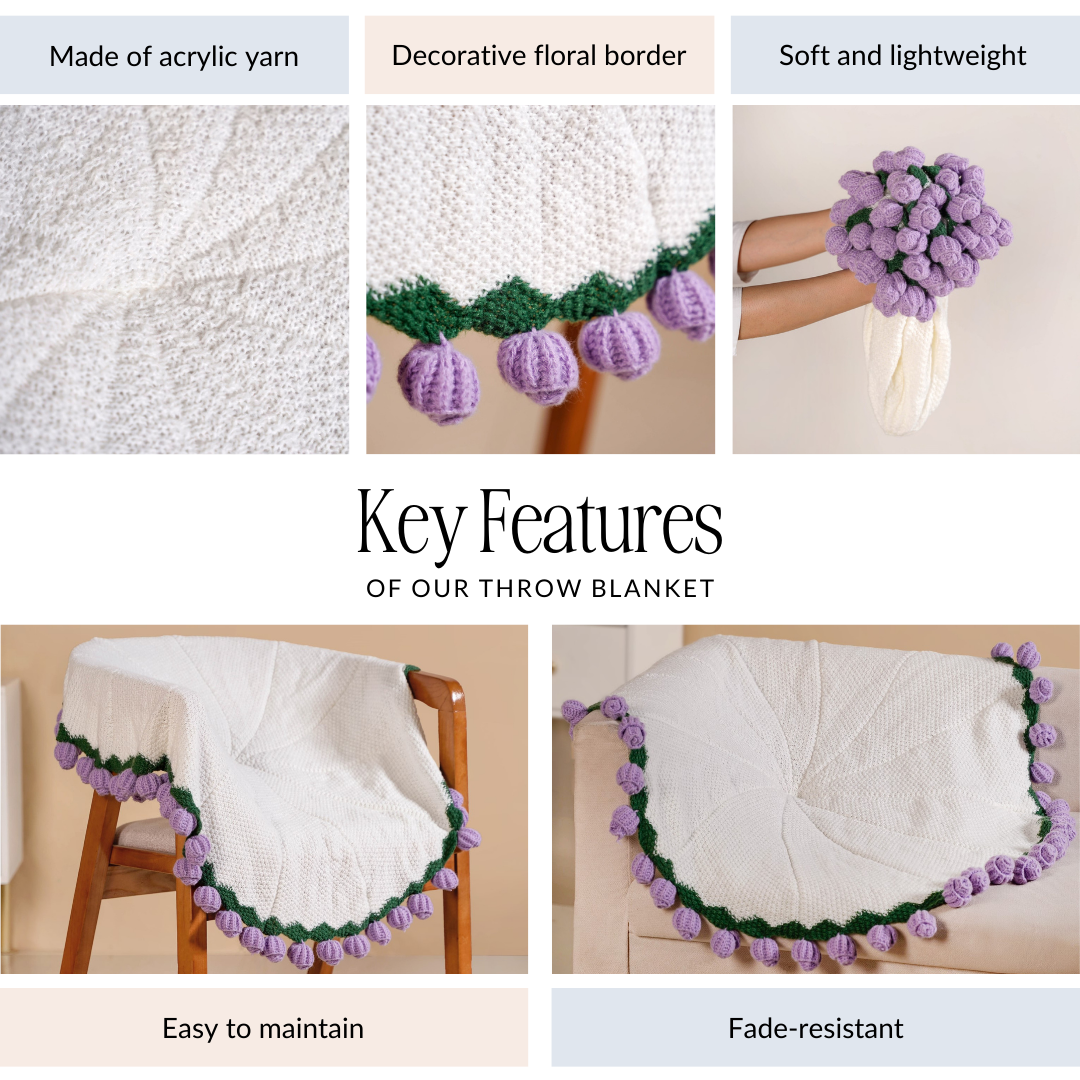 Crochet Flower Bouquet Throw Purple 80cm Nestasia