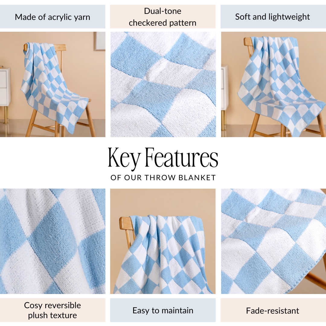 Checkered Blue White Reversible Small Throw 100x75cm Nestasia
