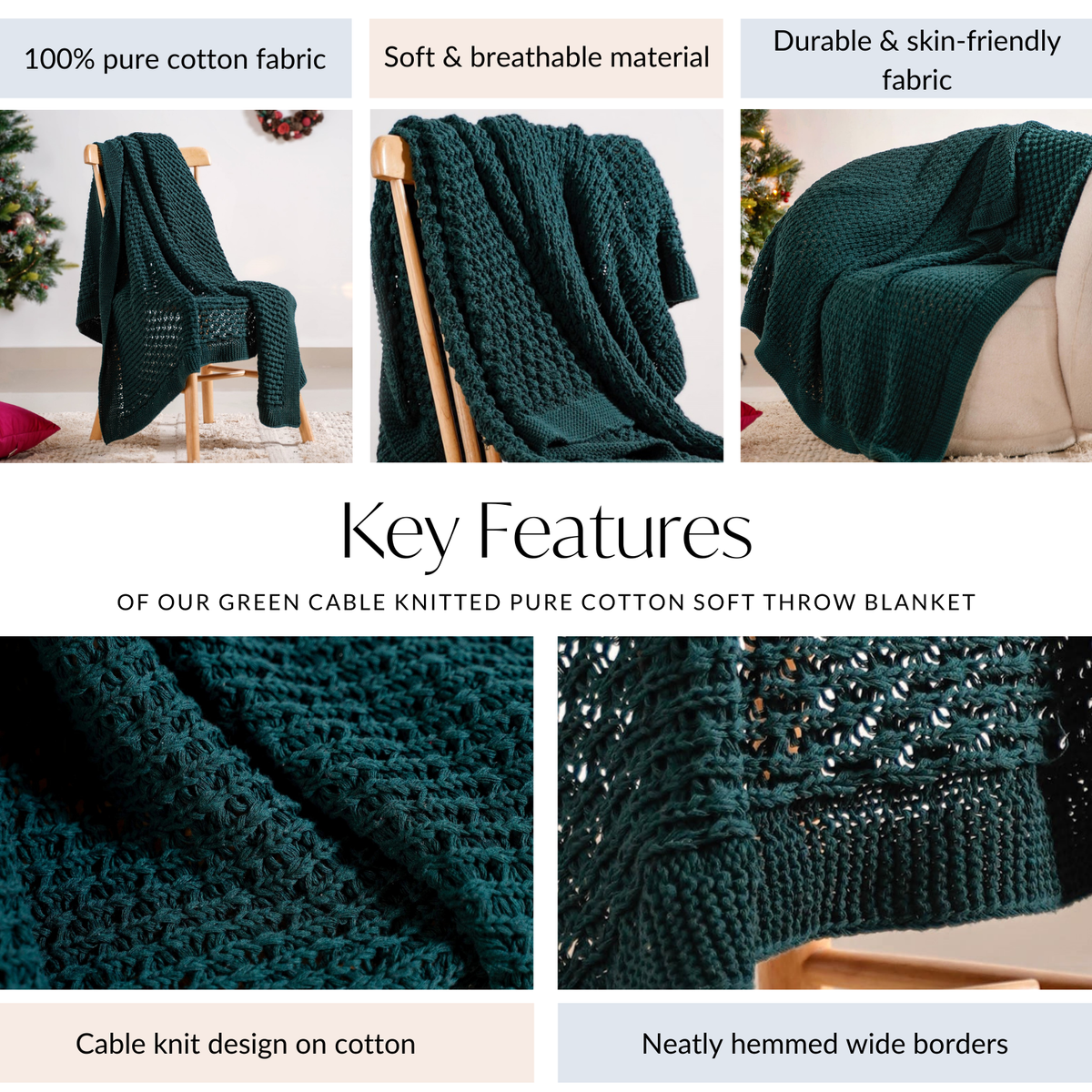 Green Cable Knitted Pure Cotton Soft Throw Blanket Nestasia