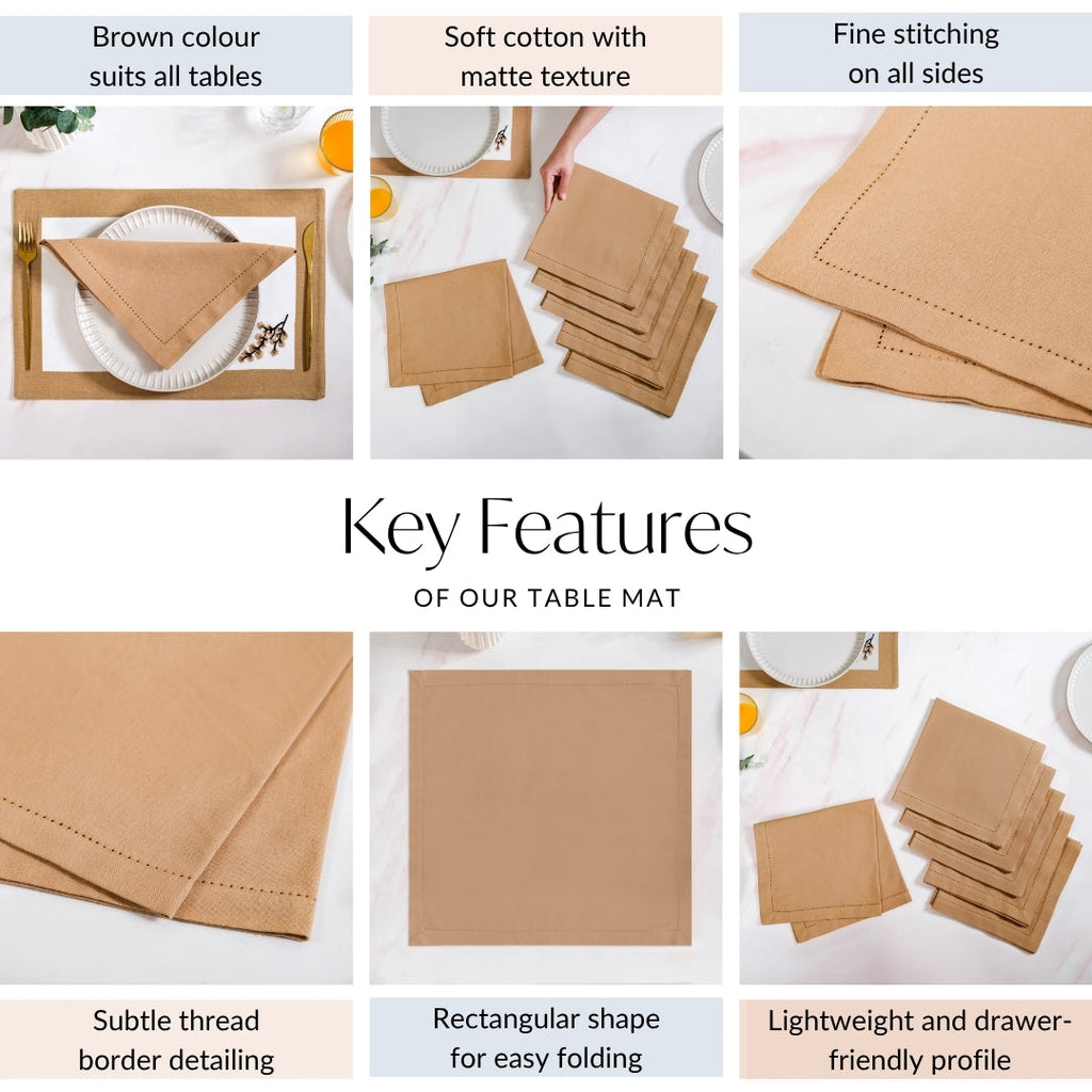 Midori Premium Cotton Hemstitched Dinner Napkins Set Of 6 In Brown Nestasia