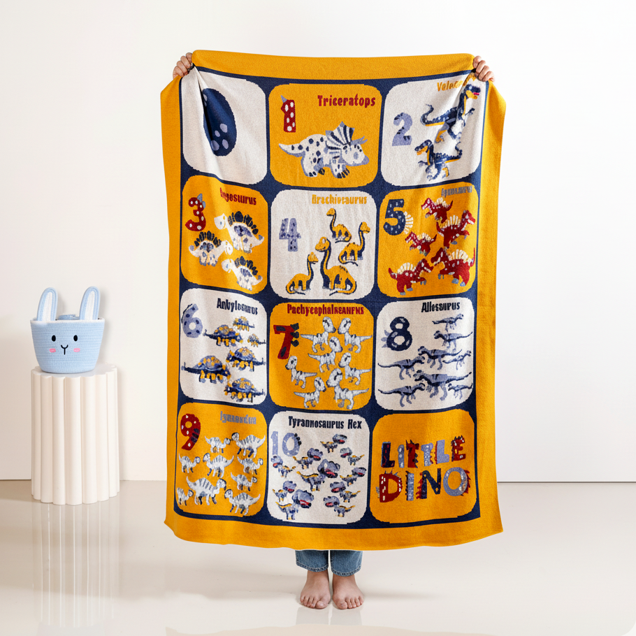 Dinosaur One To Ten Counting Knitted Kids Cotton Throw Blanket 159x124cm Nestasia