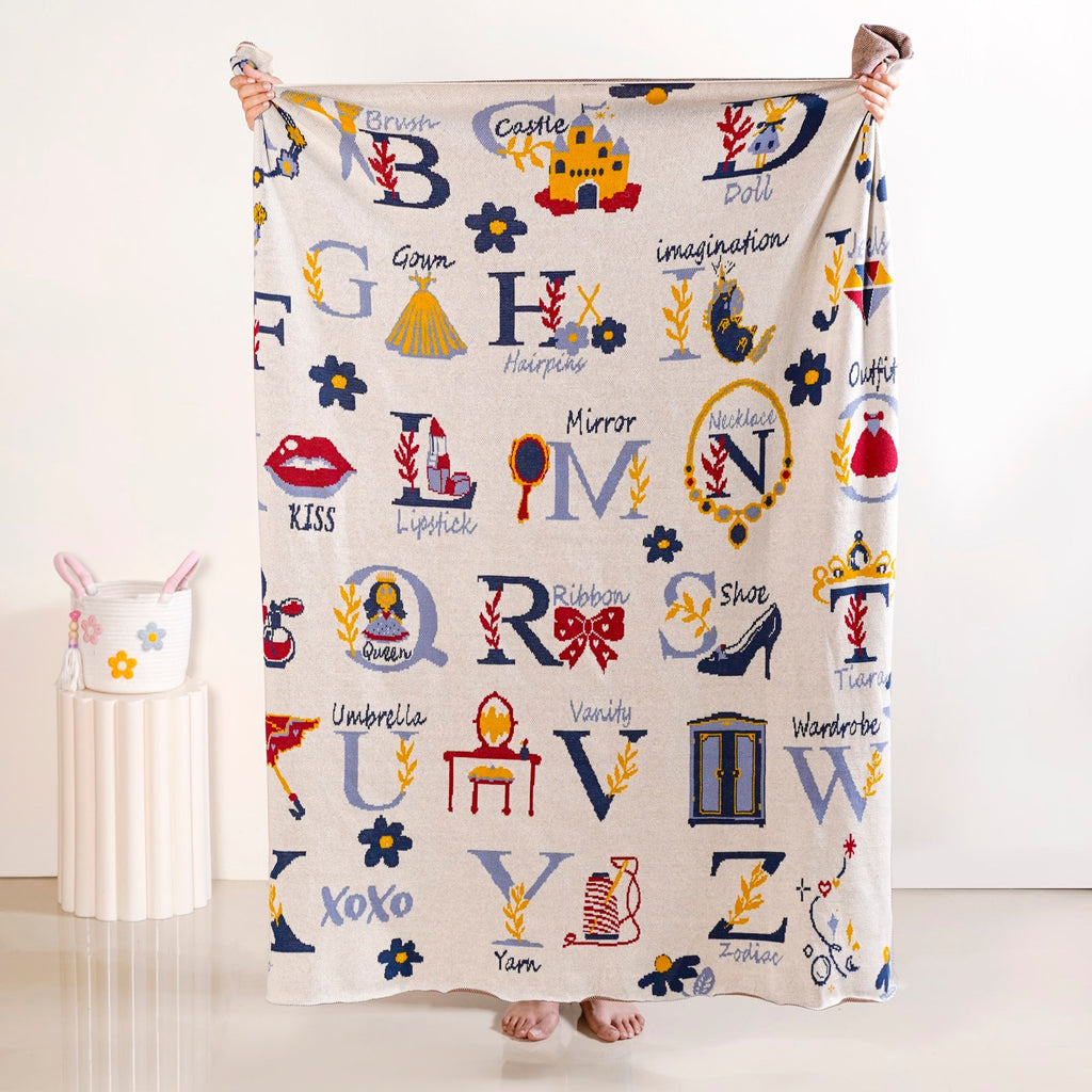 Castle Crown Alphabet Girls Fairytale Knitted Cotton Throw 150x128cm Nestasia
