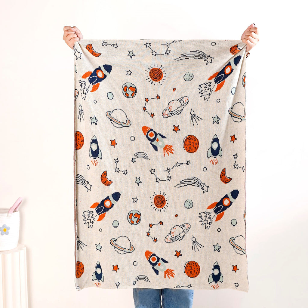 Space Rocket Astronomy Knitted Cotton Throw For Toddlers Small 99x73cm Nestasia