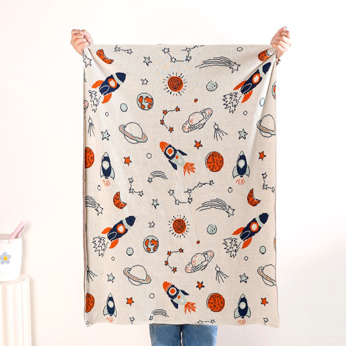 Space Rocket Astronomy Knitted Cotton Throw For Toddlers Small 99x73cm Nestasia