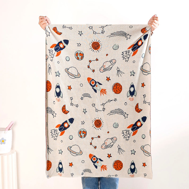 Space Rocket Astronomy Knitted Cotton Throw For Toddlers Small 99x73cm Nestasia