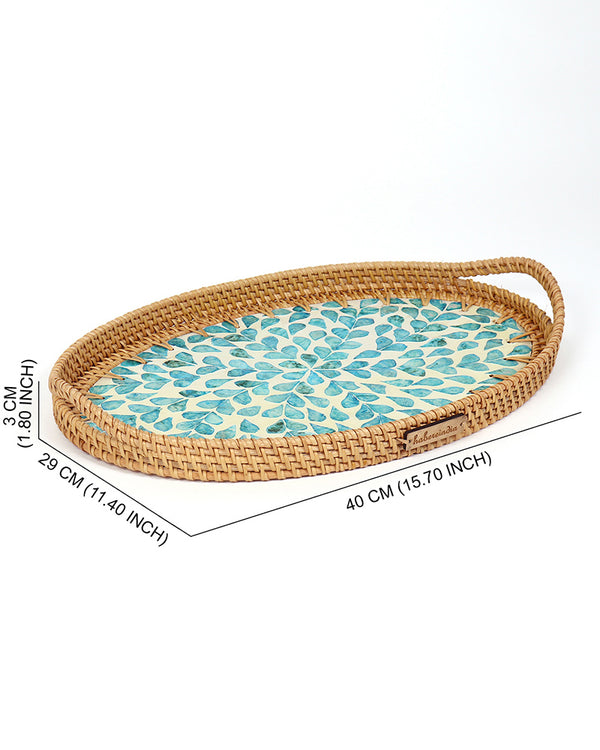 Natural Cane Oval Tray with Blue Tropical Design for Tabletop, Kitchen, and Home Decor