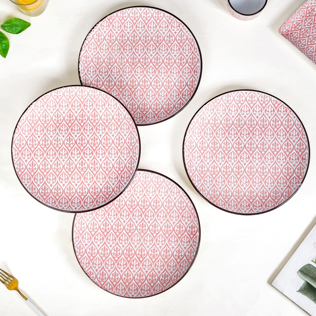 Set Of 4 Pink Baroque Ceramic Dinner Plate 11 Inch Nestasia