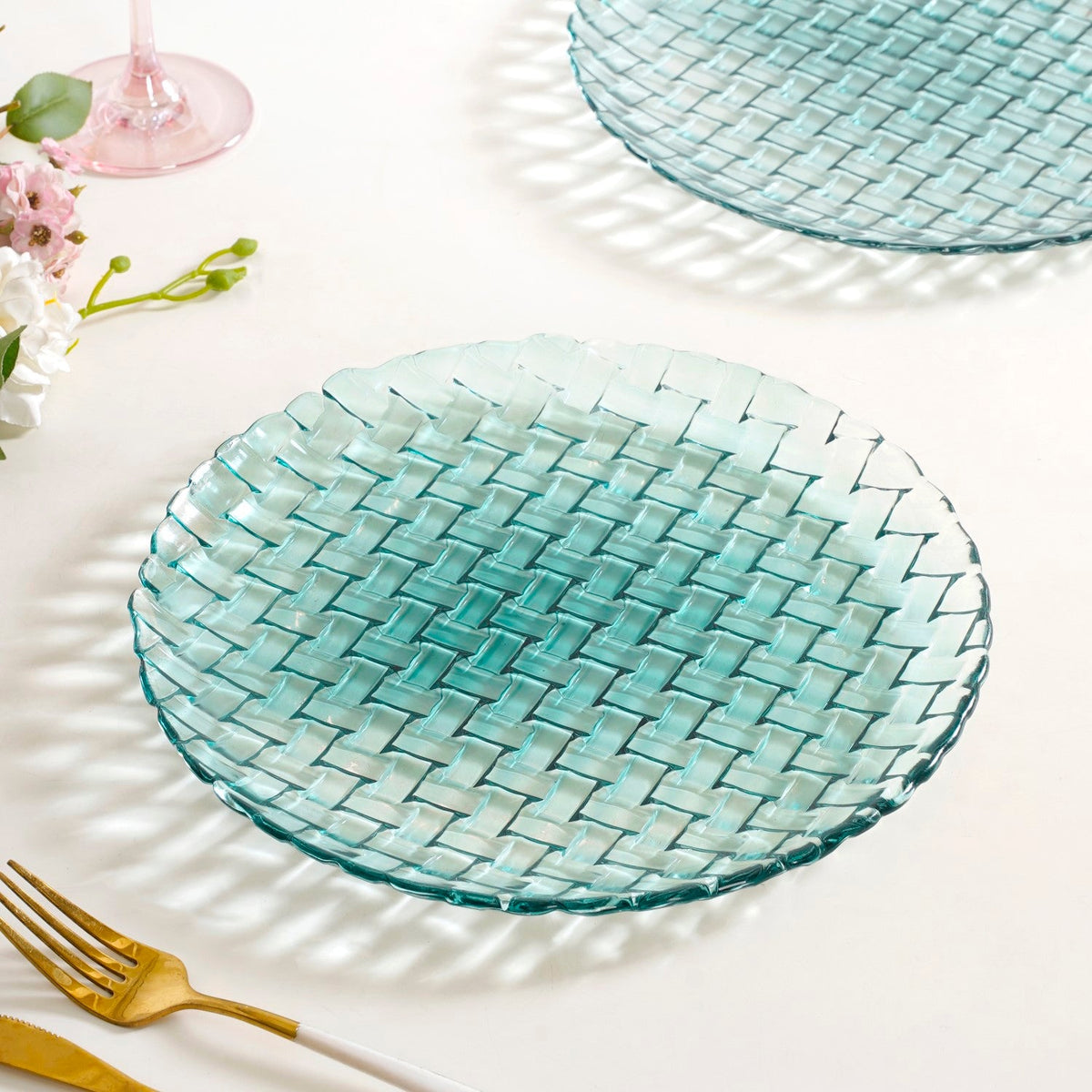 Weave Design Glass Dinner Plate Set Of 6 Teal 25cm Nestasia