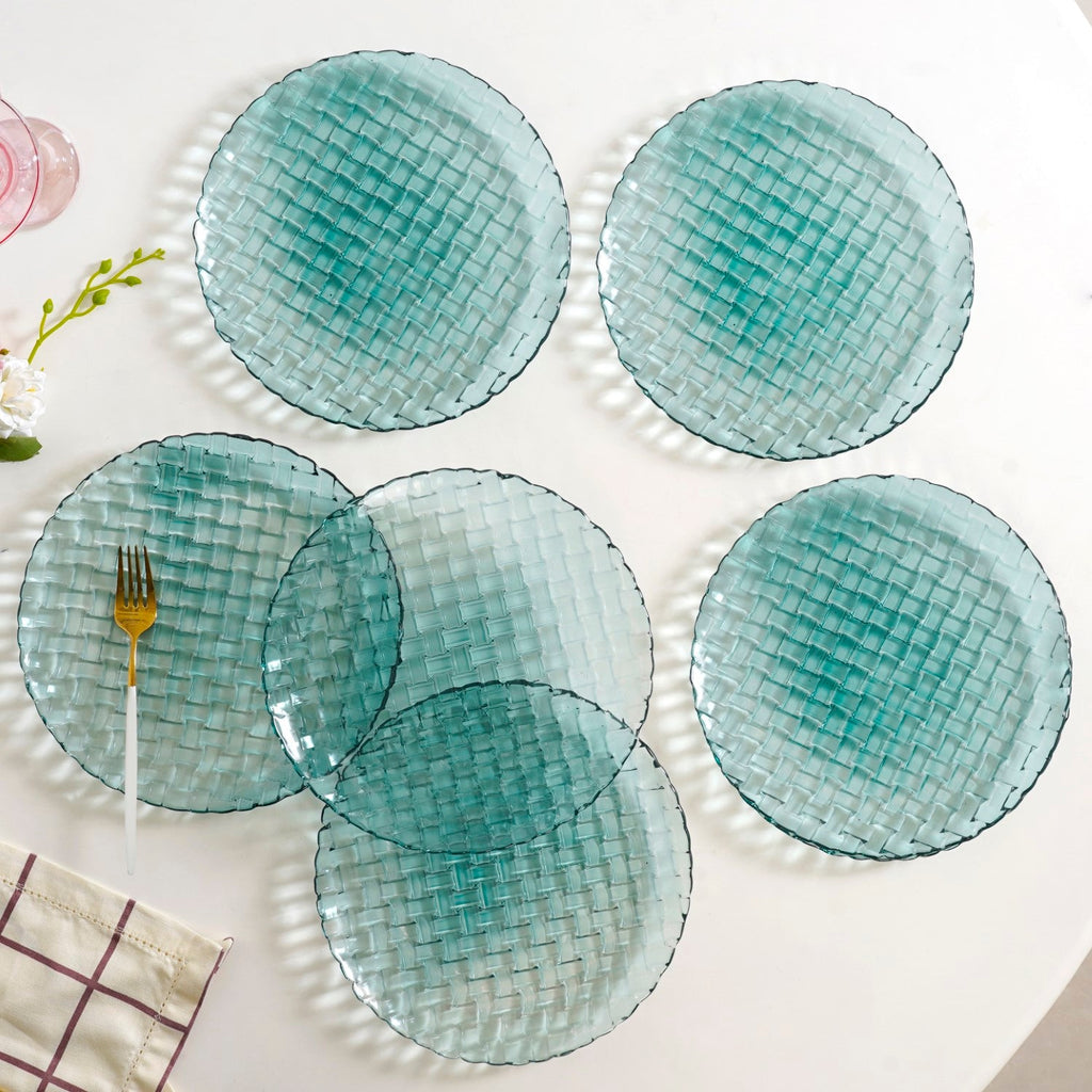 Weave Design Glass Dinner Plate Set Of 6 Teal 25cm Nestasia
