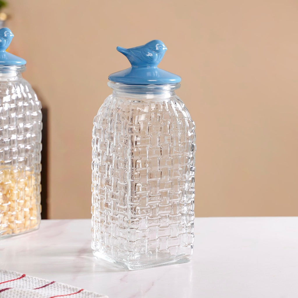 Lattice Glass Storage Container With Blue Bird Lid Set Of 2 2000ml Nestasia