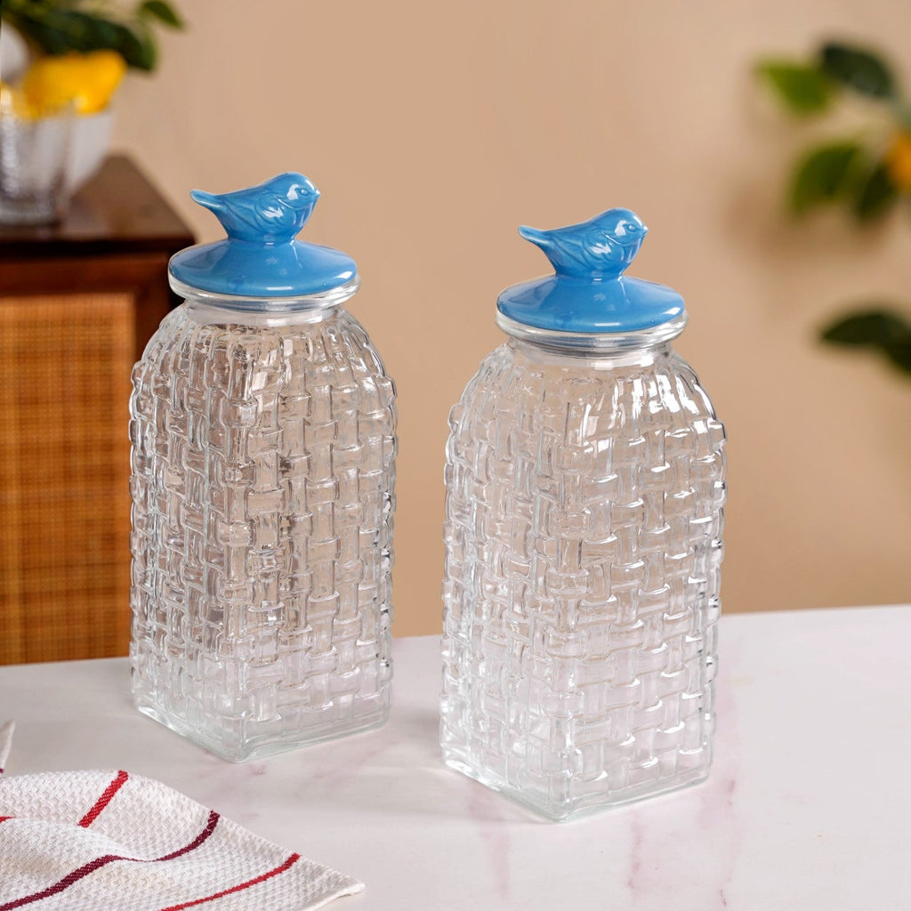 Lattice Glass Storage Container With Blue Bird Lid Set Of 2 2000ml Nestasia
