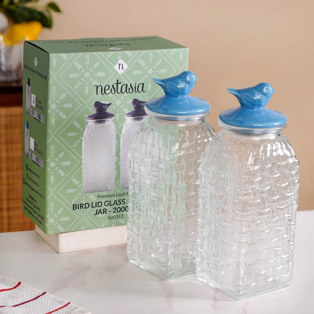 Lattice Glass Storage Container With Blue Bird Lid Set Of 2 2000ml Nestasia
