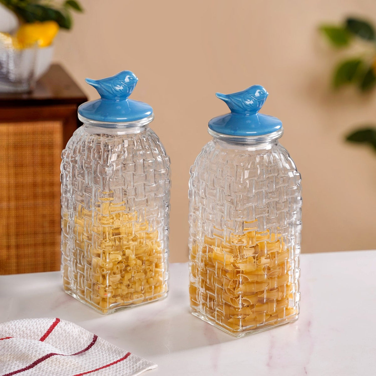 Lattice Glass Storage Container With Blue Bird Lid Set Of 2 2000ml Nestasia