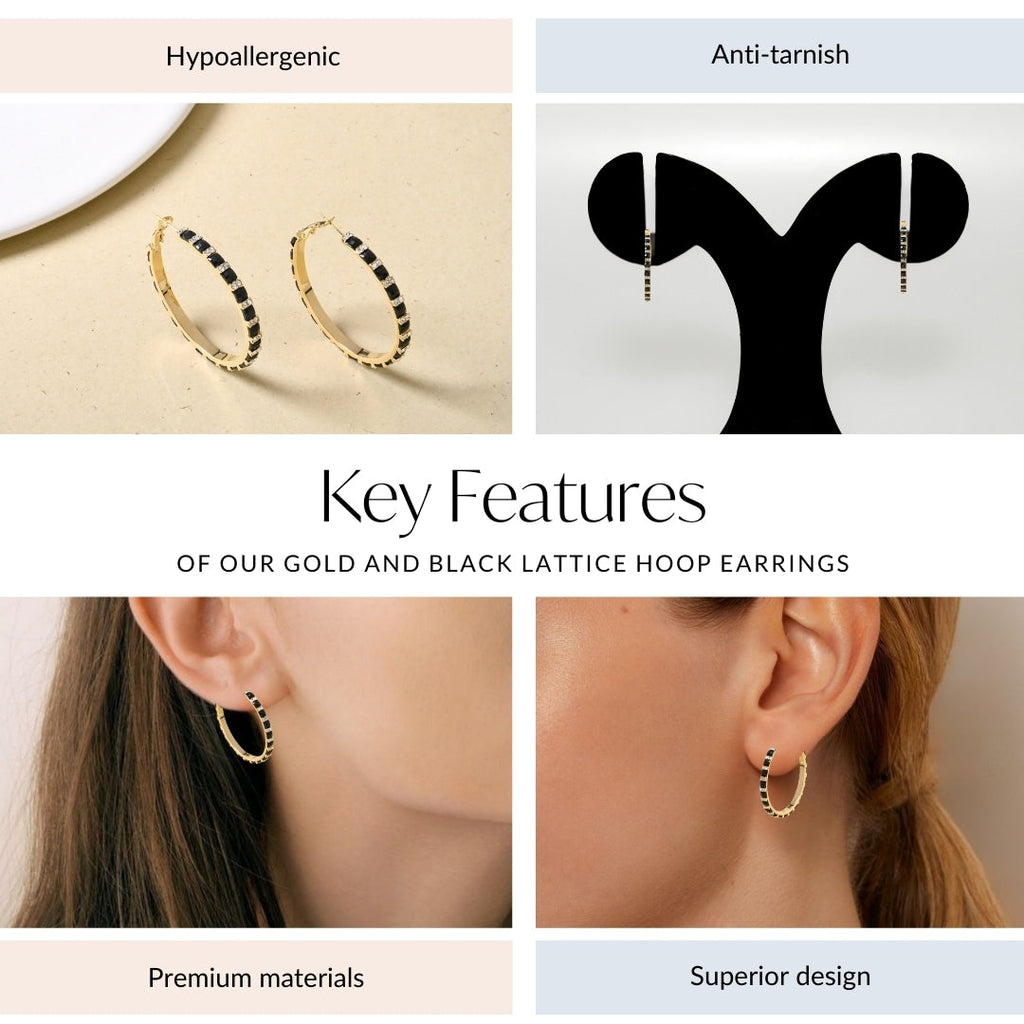 Gold And Black Lattice Hoop Earrings Nestasia
