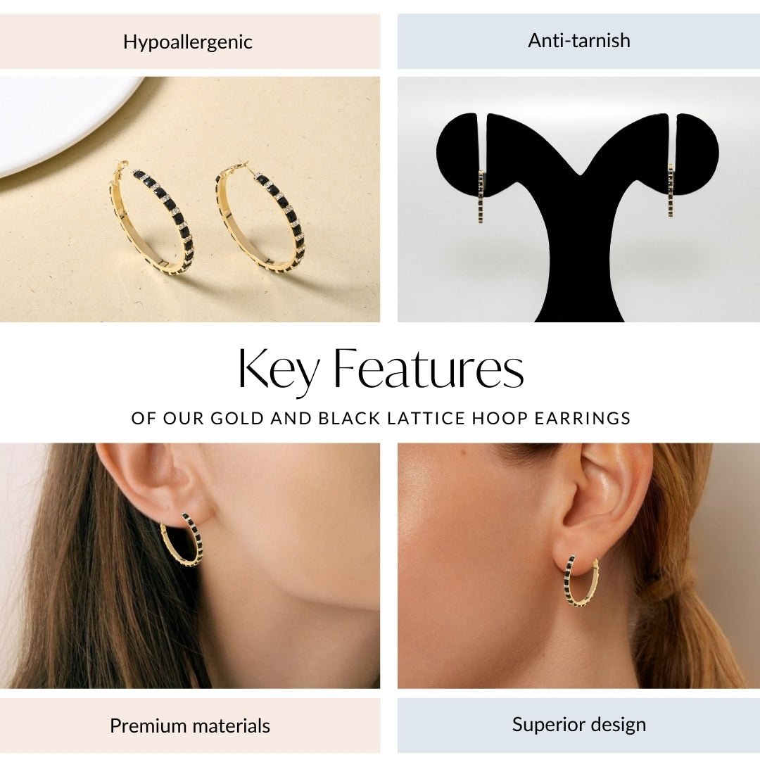 Gold And Black Lattice Hoop Earrings Nestasia