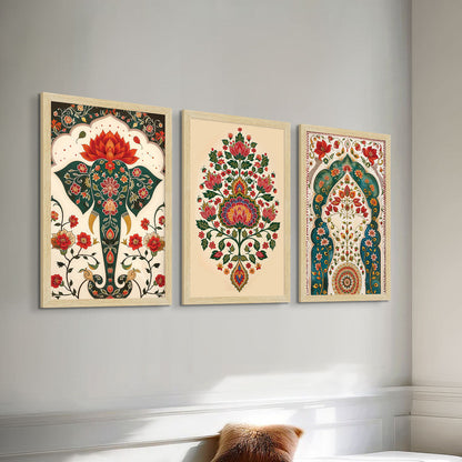 Elephant Floral Madhubani Art Paintings, Painting For Wall Living Room, Set of 3 AXIII-41-MDB