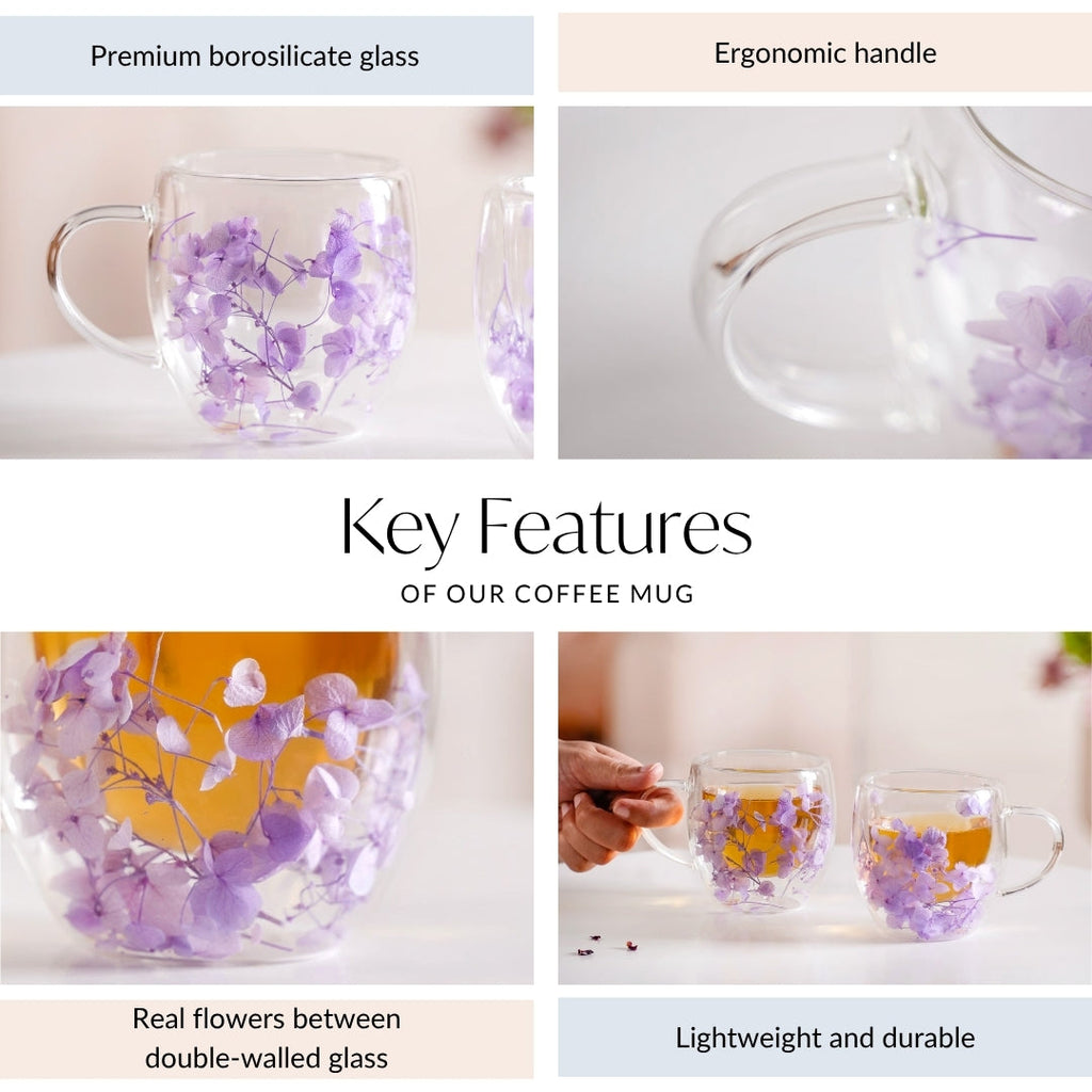 Lavender Flowers Inside Double Walled Coffee Mug Set Of 2 250ml Nestasia