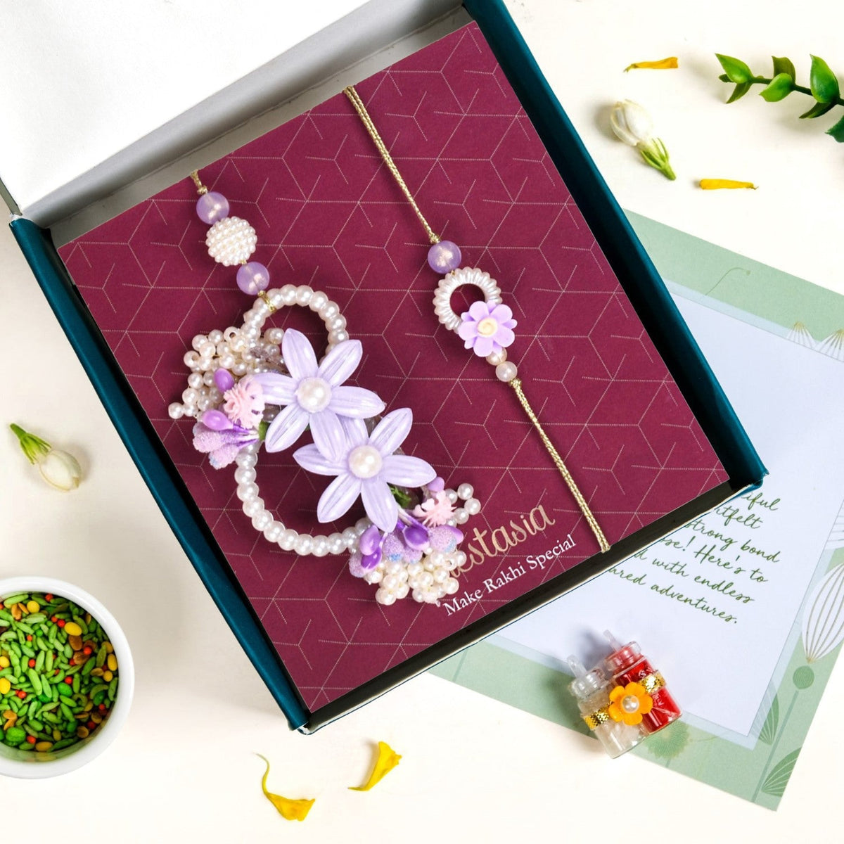 Lavender Pearl Rakhi Lumba Set Of 4 With Gift Box And Card Nestasia