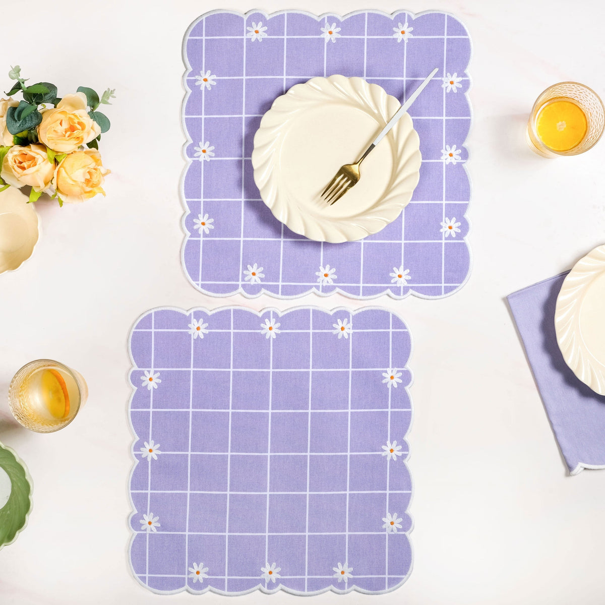 Lavender Lattice Scallop Embroidered Cotton Table Mat Set Of 6 Nestasia
