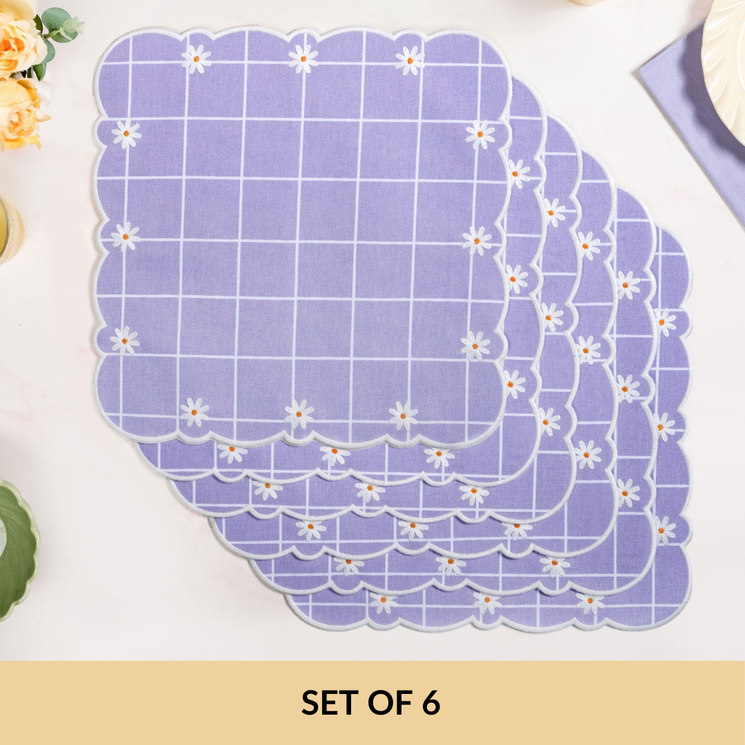 Lavender Lattice Scallop Embroidered Cotton Table Mat Set Of 6 Nestasia