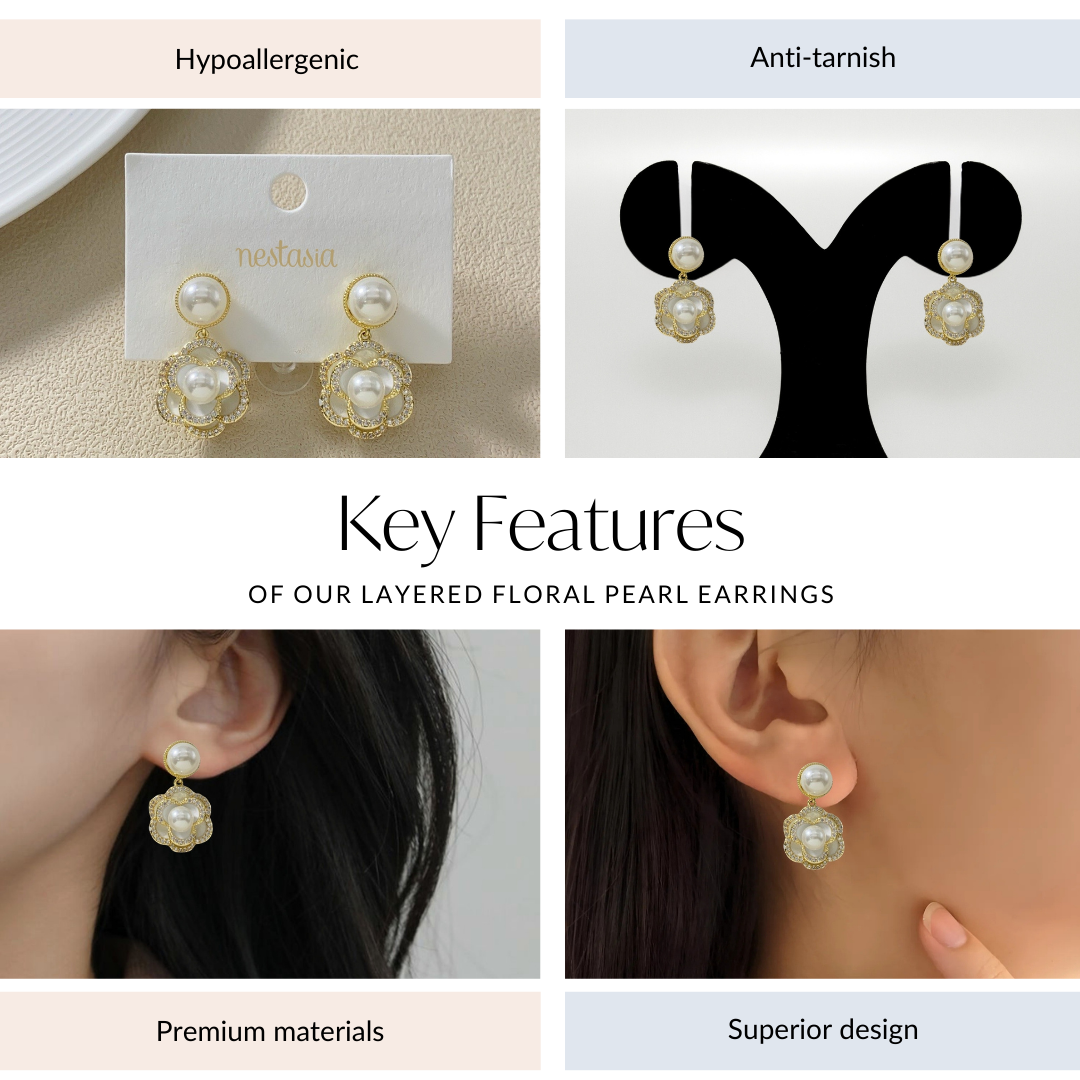 Layered Floral Pearl Earrings Nestasia