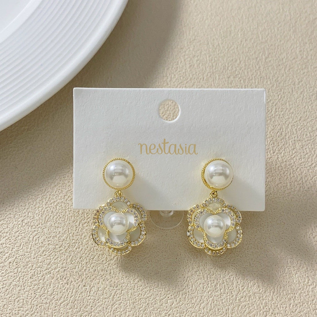 Layered Floral Pearl Earrings Nestasia