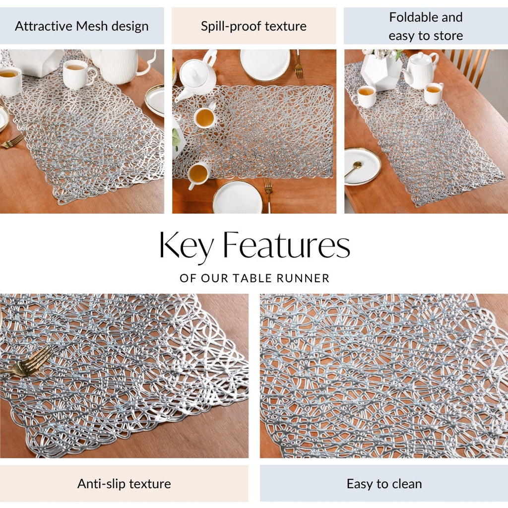 Modern Laser Cut Style Silver Table Runner Silver 92x35cm Nestasia