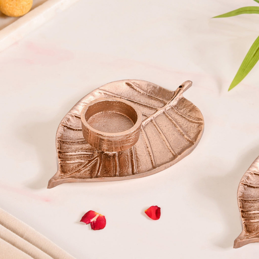Luxe Metal Leaf Tealight And Incense Holder Set Of 2 In Festive Gift Box Nestasia
