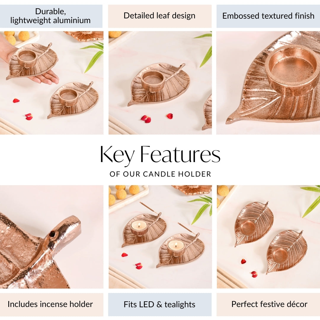 Luxe Metal Leaf Tealight And Incense Holder Set Of 2 In Festive Gift Box Nestasia