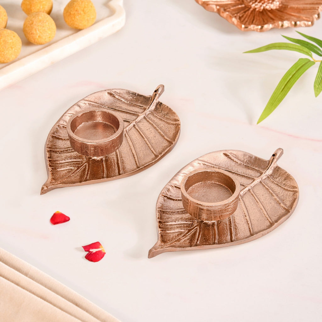 Luxe Metal Leaf Tealight And Incense Holder Set Of 2 In Festive Gift Box Nestasia