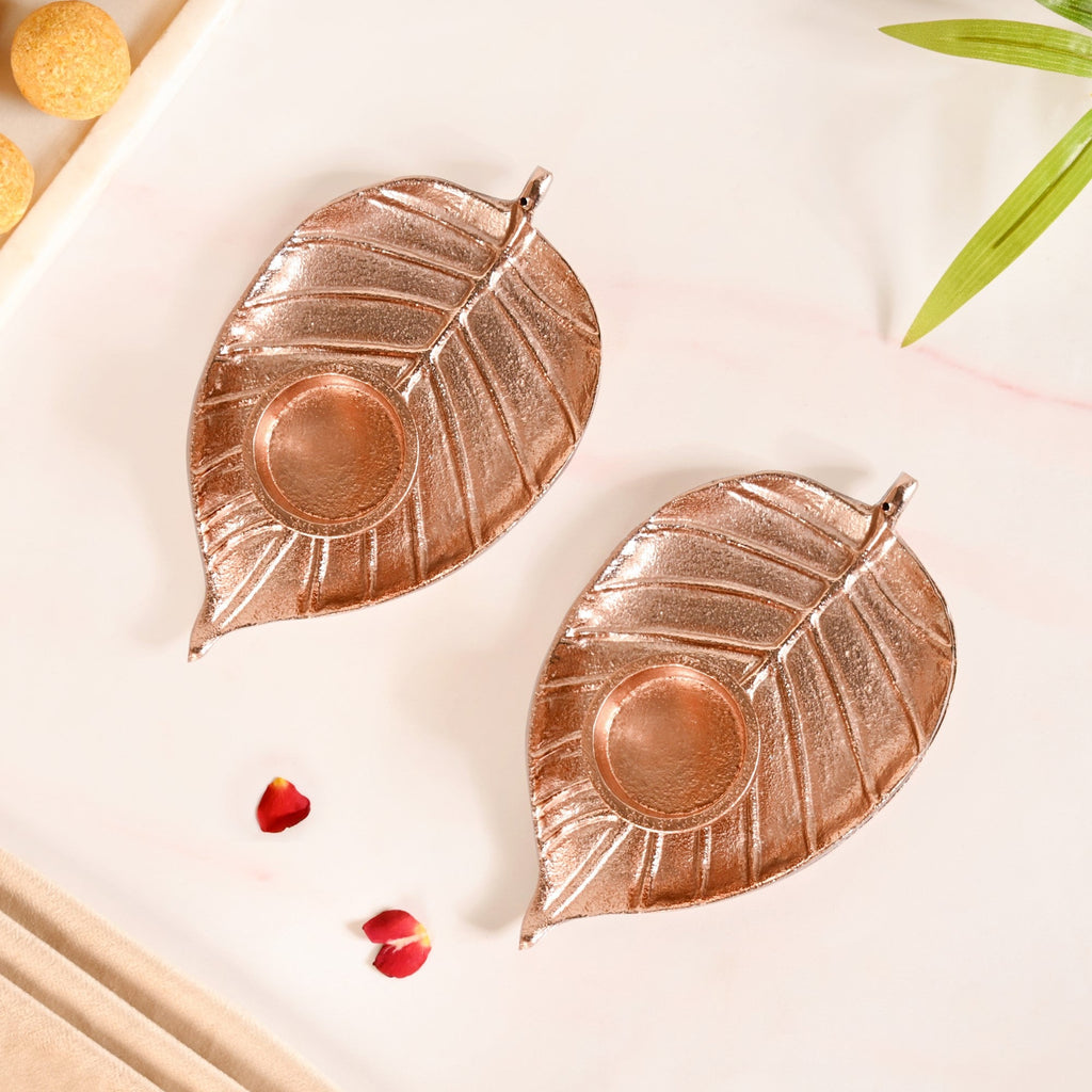 Luxe Metal Leaf Tealight And Incense Holder Set Of 2 In Festive Gift Box Nestasia