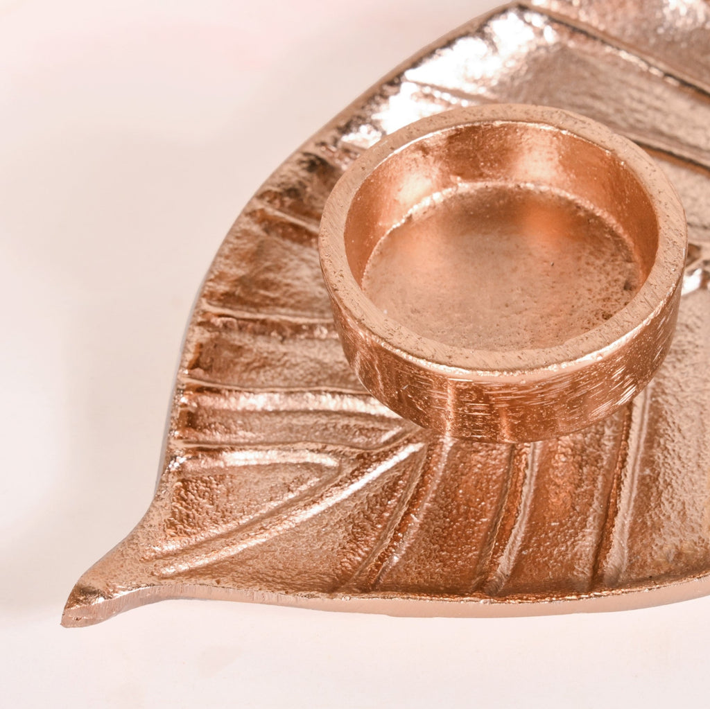 Luxe Metal Leaf Tealight And Incense Holder Set Of 2 In Festive Gift Box Nestasia